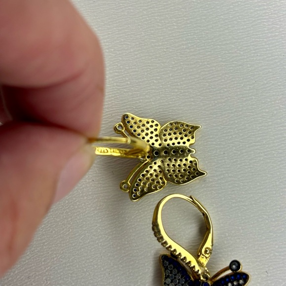 Beautiful Gold Plated 925 Blue Rhinestone Butterfly Earrings - Picture 7 of 10